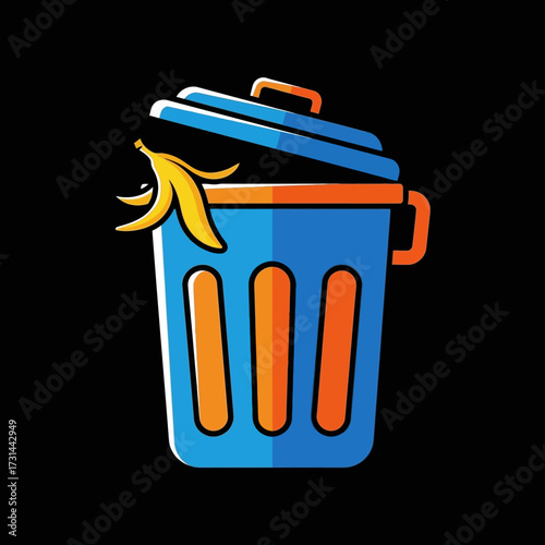 A blue and orange trash can with an open lid and a yellow banana peel sticking out, set against a black background.