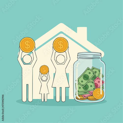 “Modern flat vector scene of a family silhouette (generic figures) holding large golden coin icons above their heads while standing beside a giant glass jar full of paper money 