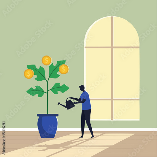 Contemporary flat vector design of a simplified character watering a growing money plant with coin-shaped leaves in a tall cobalt pot
