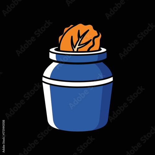 A blue ceramic crock with a head of orange cabbage peeking out from the top.
