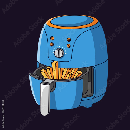 Illustration of a blue air fryer with a basket of golden french fries on a dark background.