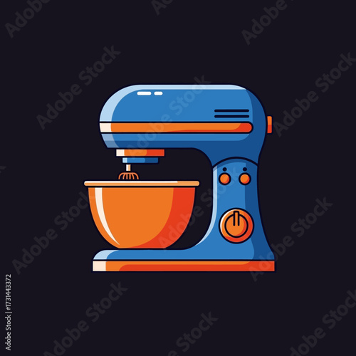 A stylized illustration of a blue and orange stand mixer with a whisk attachment and a mixing bowl.