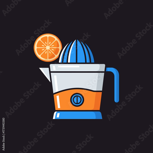 A stylized illustration of a blue and orange electric citrus juicer with a slice of orange on top, set against a dark background.