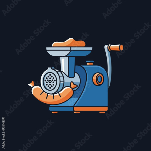 A blue and orange meat grinder with a sausage coming out of it, and some meat on top.