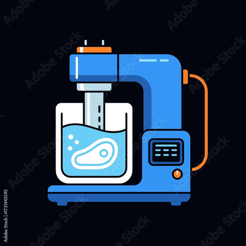 A blue immersion blender is shown in a flat design illustration, blending a piece of meat in a clear container filled with water.