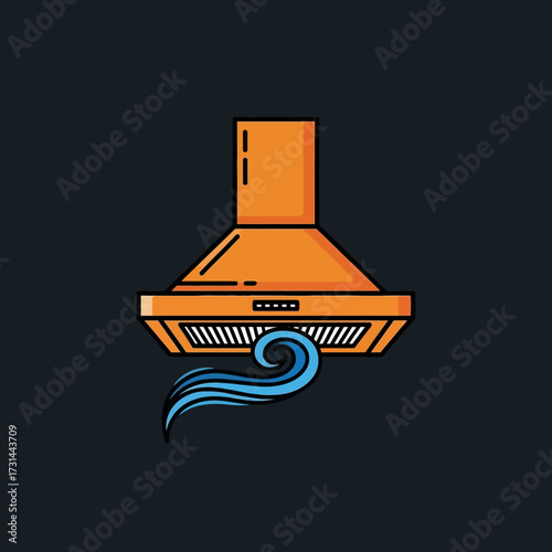 Stylized vector illustration of an orange kitchen extractor hood with blue air flow against a dark background.