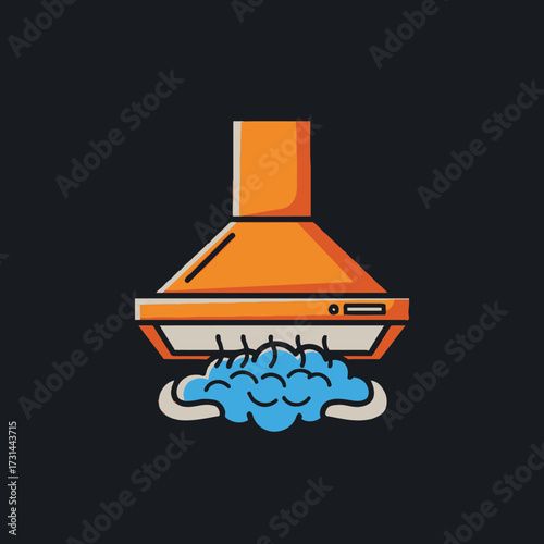 An orange kitchen exhaust hood is shown above a steaming pot of blue food, symbolizing cooking and ventilation.