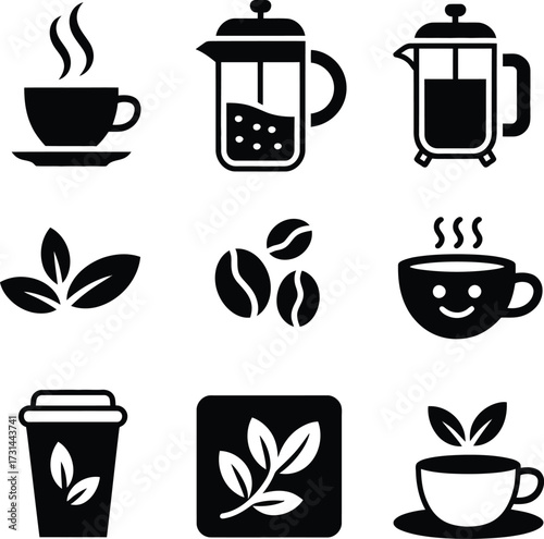 A collection of black and white icons depicting coffee tea and related items in a grid arrangement silhouette