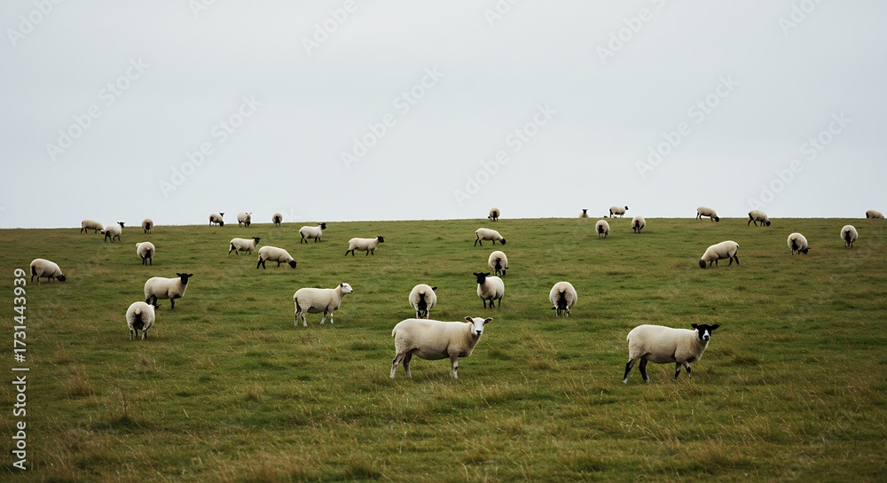 Fototapeta premium Flock of sheep grazing on a grassy hill under a cloudy sky
