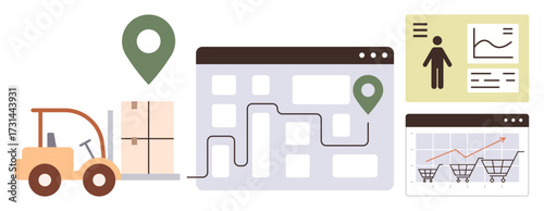 Forklift moving package, location pins on a map, graphs, and delivery data for inventory flow and operational analysis themes. Ideal for logistics, transportation, analytics, business strategy