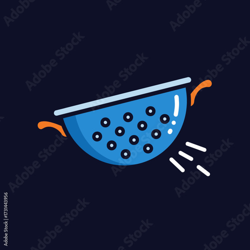 A blue colander with orange handles, tilted, with water draining from it, on a dark background.