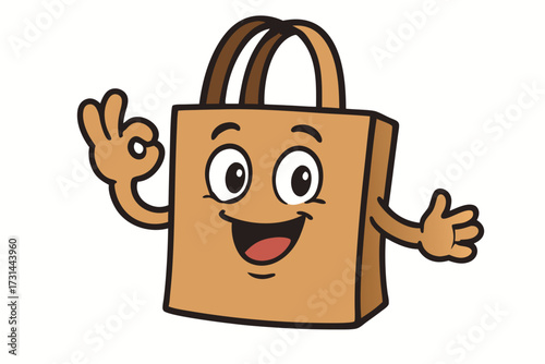 Cheerful Cartoon Shopping Bag Giving Okay Hand Gesture and Smiling