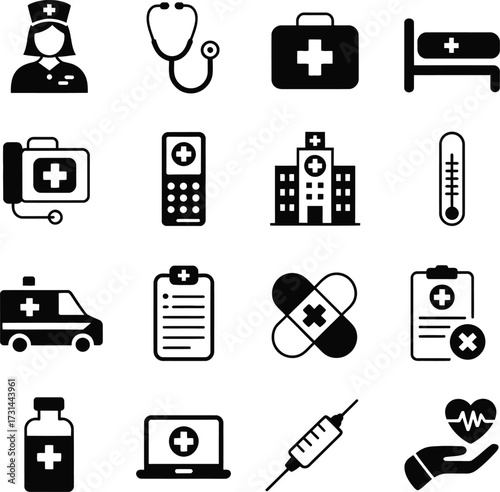 A collection of medical icons in black and white featuring healthcare related symbols and equipment silhouette