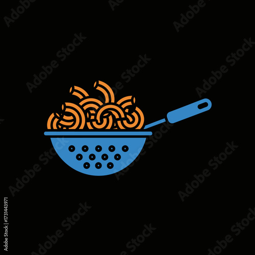 Illustration of pasta in a colander on a black background.