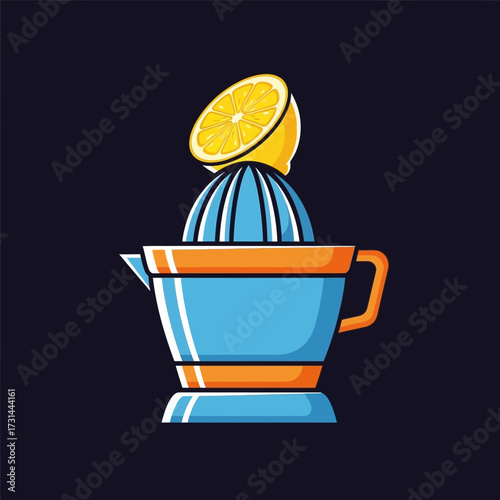 Illustration of a citrus juicer with a lemon half on top, against a dark background.