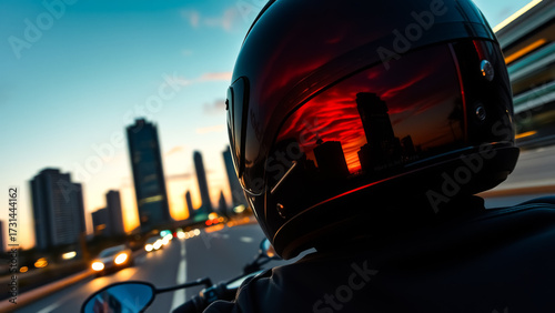 Man is riding a motorcycle in a city