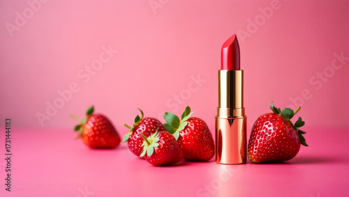 Red lipstick is on a table with a bunch of strawberries
