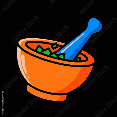 A cartoon illustration of an orange mortar and pestle with green ingredients inside, set against a black background.
