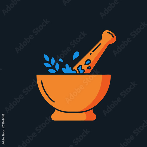 Vibrant orange mortar and pestle with blue splashes and leaves, symbolizing natural remedies or traditional medicine preparation.