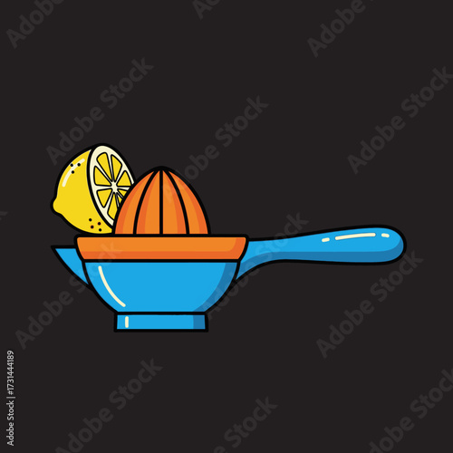 A vibrant illustration of a lemon being juiced with a manual citrus press.