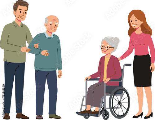 elderly care, caregivers, wheelchair support, family compassion, senior assistance, intergenerational bonding, healthcare, aging, love, support, kindness, nursing