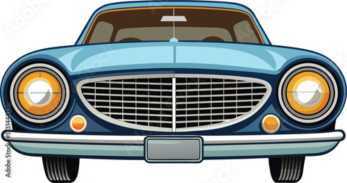 Classic vintage American car front with shiny chrome headlights and bumper