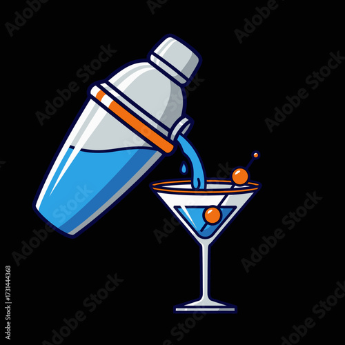 A cartoon illustration of a cocktail shaker pouring a blue drink into a martini glass with an orange garnish on a black background.