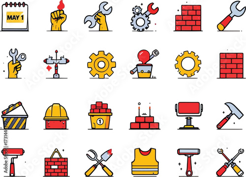 An illustration of construction themed icons including tools and building materials on a white background silhouette