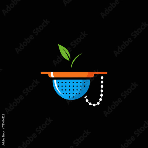 Illustration of a tea infuser with a green leaf, perfect for tea lovers.