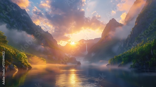 Misty Mountain Valley at Sunrise with Golden Light