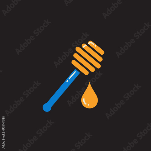 A stylized illustration of a honey dipper with a drop of honey falling from it against a dark background.