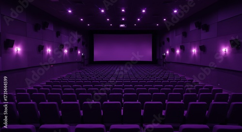 Empty cinema auditorium with purple lighting and rows of seats