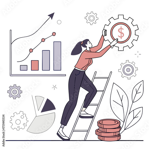 Business woman climbing ladder to reach financial success