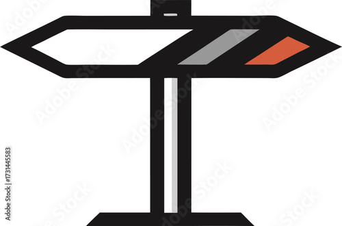Black and white directional arrow signpost on wooden post against sky background