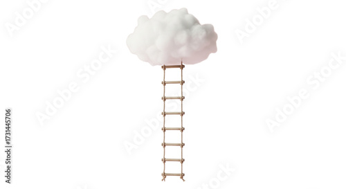 Isolated fluffy white cloud with a long wooden rope ladder, a conceptual metaphor for climbing to dreams, goals, and success.