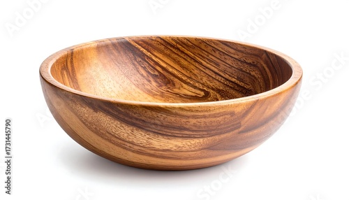 A wide, shallow, wooden bowl with rich, swirling grain patterns, isolated on a white background
