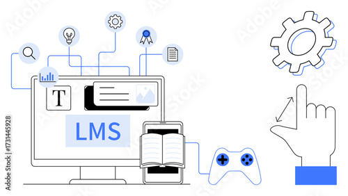 Computer screen with LMS platform, book, tablet, gear, hand, game controller, icons for connectivity. Ideal for e-learning education training gamification software innovation technology. Simple