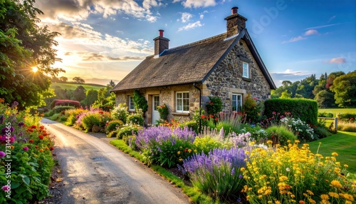 Charming Cotswold Cottage at Sunset Surrounded by Beautiful Gardens and Green Landscape