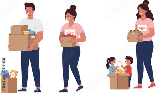 food donation, charity volunteers, community help, giving back, donation boxes, teamwork, generosity, packing, sharing, care, canned goods, families, food drive, kindness, children involved, giving
