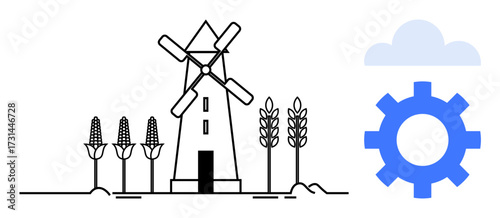 Windmill surrounded by wheat and cornfields with blue cloud and gear, symbolizing farming, renewable energy, and technology. Ideal for innovation, sustainability, automation, rural development, food