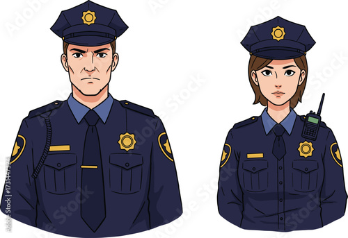 police officers, law enforcement, uniformed personnel, male and female, radio device, badge, teamwork, authority, security, patrol, public safety, official uniform