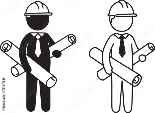Two architects holding blueprints silhouette