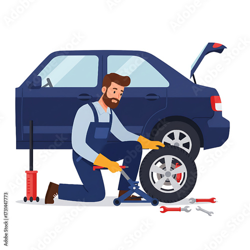 Professional auto mechanic changing car tire maintenance service