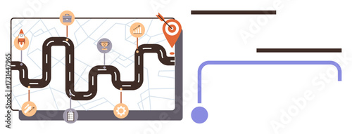 Curved path with milestones, starting rocket, goal pin, map background. Ideal for strategy, planning, growth, timeline, business goal success journey simple flat metaphor