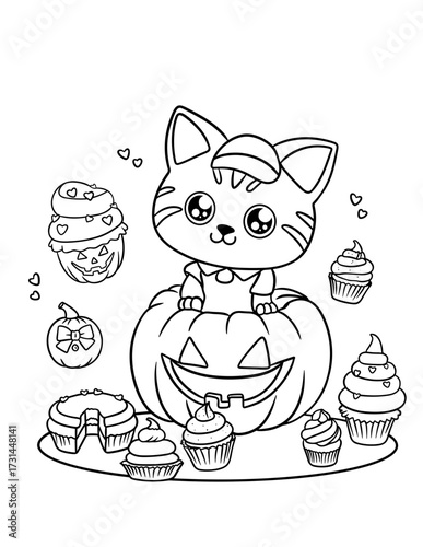 Cute Cat Halloween Coloring Page with Pumpkin and Cupcakes 