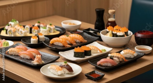 Sushi platter spread across multiple plates.  A variety of rolls and nigiri