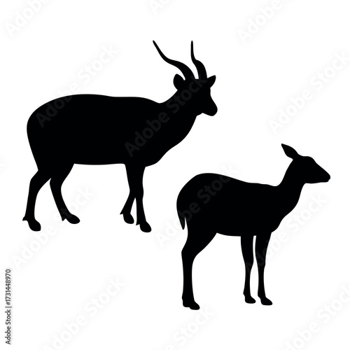 Silhouettes of two antelopes one larger with horns and one smaller
