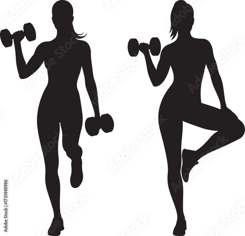 Two women exercising with dumbbells silhouette