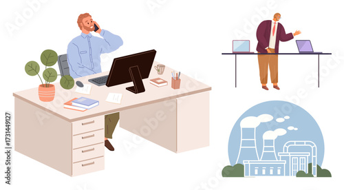 Professional at desk with phone and computer, coworker giving presentation, power plant with chimneys emitting smoke. Ideal for business, teamwork, communication, industry, management, workplace