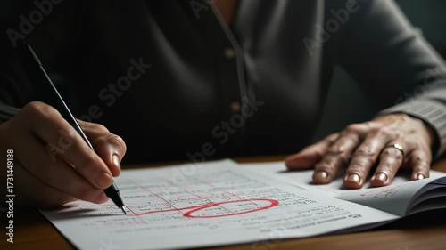 Proofreading document with red pen for errors, marking important informations